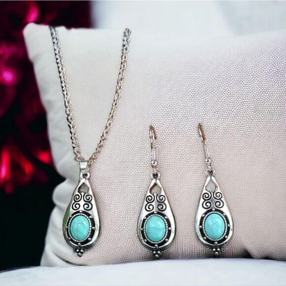 Western Turquoise Teardrop 3pc Jewelry Set Matching Necklace Dangle Drop Earring - Picture 1 of 2